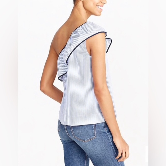 J. CREW FACTORY One Shoulder Ruffle Blue & White Striped Top with Navy Trim - Picture 4 of 10